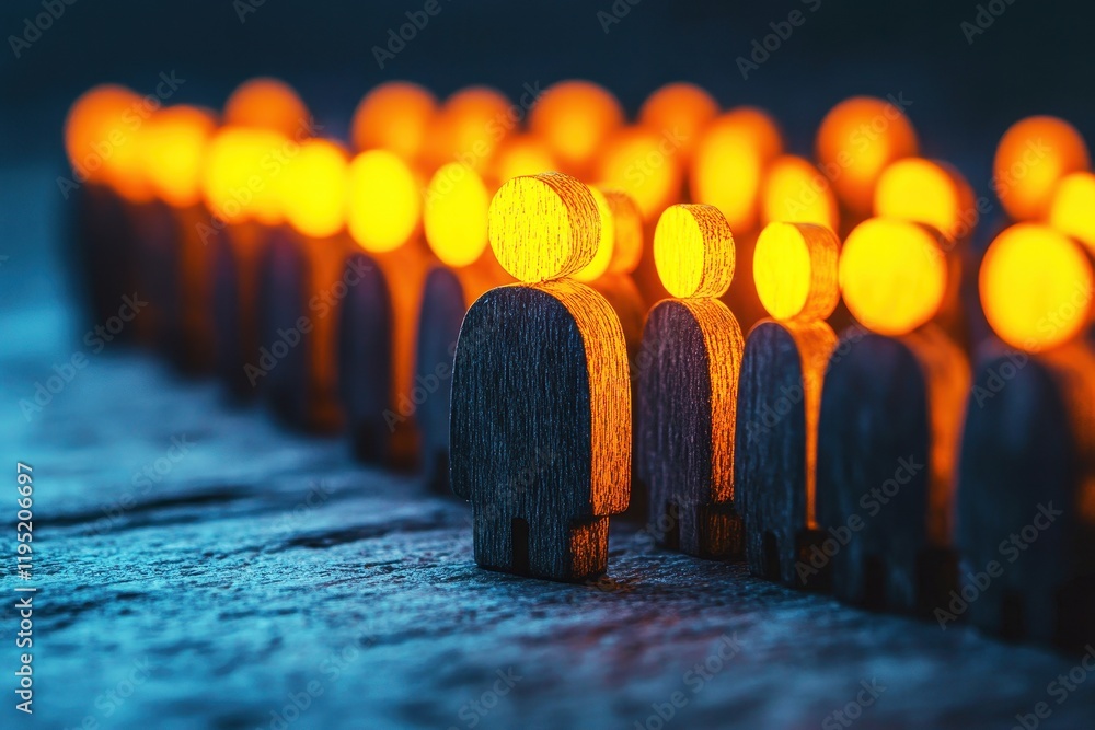 Poster wooden figures standing in a line with glowing orange lights, symbolizing connection, community, and