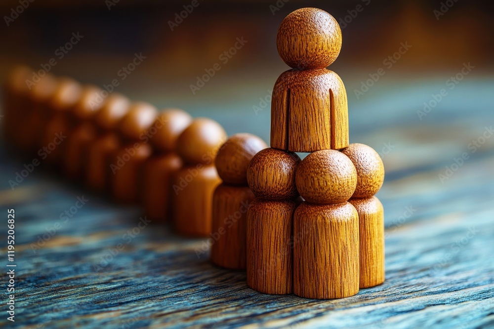 Poster wooden figurines forming a pyramid structure representing teamwork and collaboration on a textured w