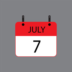Calendar icon with July 7 date on grey background. Vector schedule symbol.