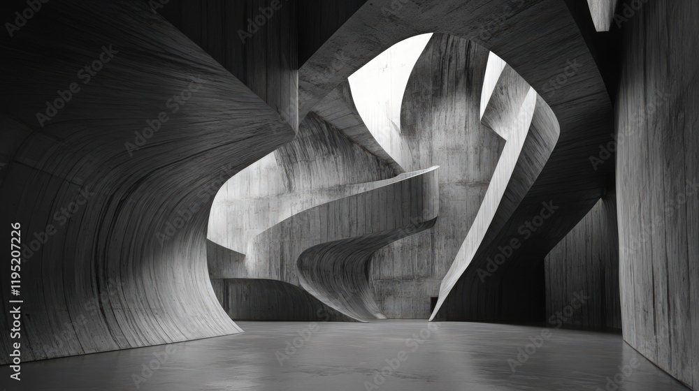 Poster abstract concrete structure with swirling curves and contrasting light and shadows