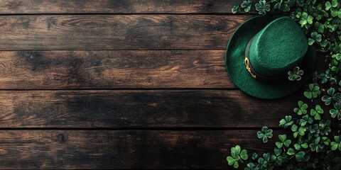 Festive leprechaun hat in vibrant green placed on rustic wooden surface surrounded by lush green clovers ideal for St Patricks Day celebrations
