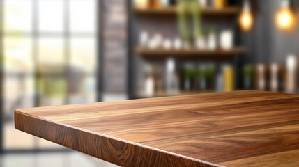 Wooden table surface in modern interior with blurred background