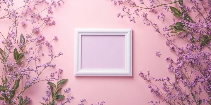 Purple floral arrangement with leaves surrounding a white photo frame on a pastel pink backdrop flat lay top view with ample copy space.