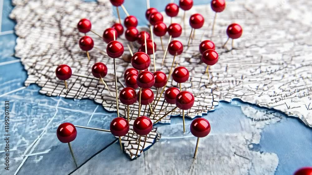 Poster Red pins highlight specific locations on the detailed map, enhancing navigation and exploration for users seeking information