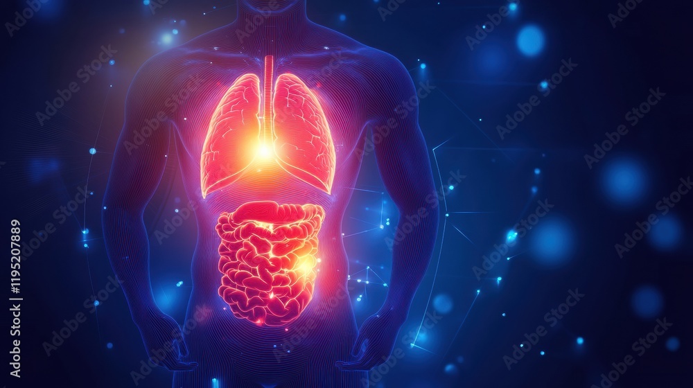 Poster Glowing human torso showcases internal organs with a vibrant red focal point in the stomach area. Generative AI