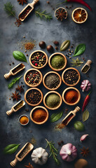 An Overhead View Of A Set Of Wooden Bowls Containing Colorful Herbs And Spices On A Dark Grey Marble Surface