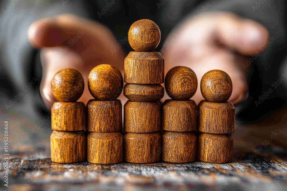 Poster wooden figurines stacked in a pattern with hands reaching out, symbolizing community and support in 