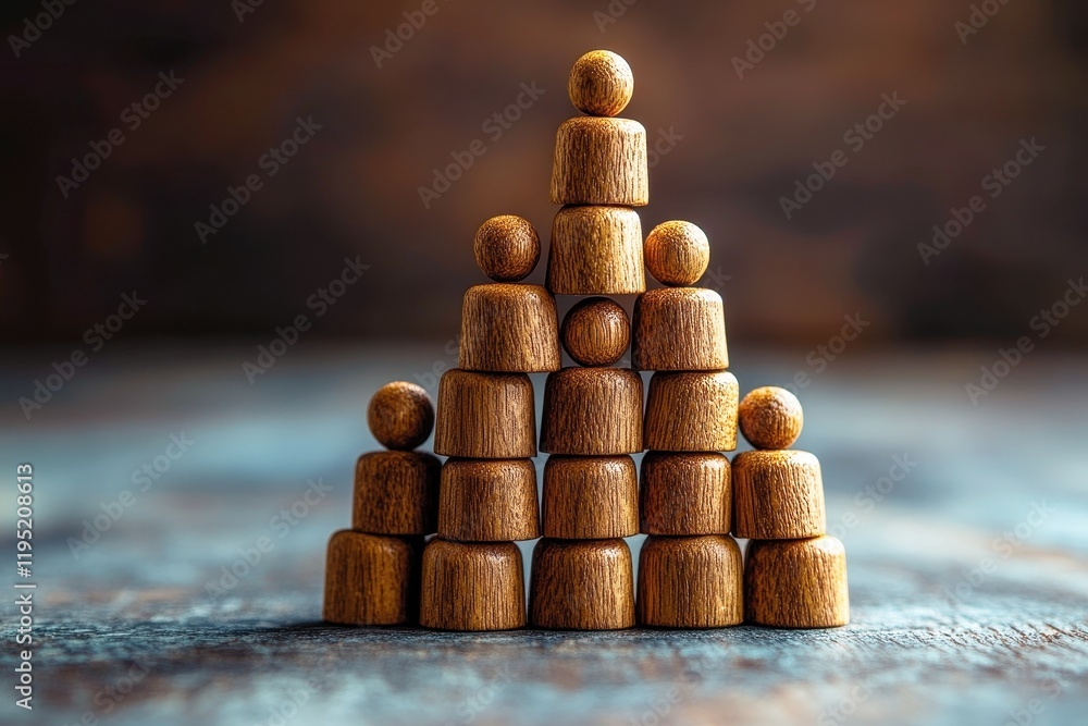 Aufkleber wooden figures arranged in a pyramidal structure on a rustic wooden background showcasing concepts o