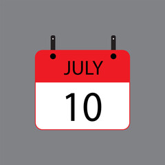 Calendar icon with July 10 date on grey background. Vector schedule symbol.