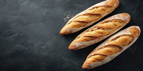 Freshly baked French baguettes on a dark textured surface with three golden loaves arranged diagonally. Warm tones highlight the crust.
