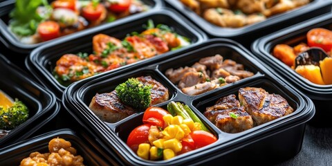 Delicious meals in black lunch boxes featuring vibrant cherry tomatoes green broccoli and golden corn arranged neatly for delivery service