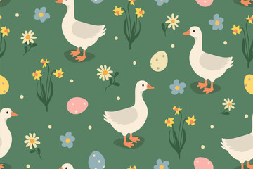 seamless spring, easter pattern with goose, eggs and flowers- vector illustration