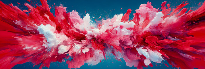 Abstract Red and White Color Explosion on Blue Background: A Dynamic Digital Painting
