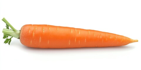 Fresh vibrant orange carrot with green tops placed horizontally on a clean white background highlighting its natural textures and colors.
