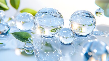 Pure Water Drops  Bubbles  Green Leaves  Spa  Wellness