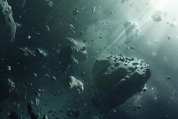 A stunning depiction of an asteroid field in space, showcasing celestial bodies and cosmic light.