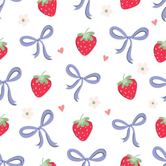 Spring and summer seamless pattern with coquette strawberries and bows, cute decorative wallpaper, trendy background