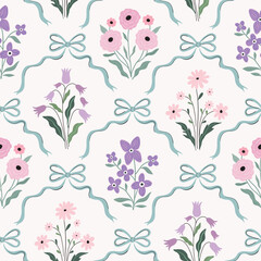 Vintage seamless pattern with spring floral bouquets and coquette ribbons, elegant wallpaper, trendy background