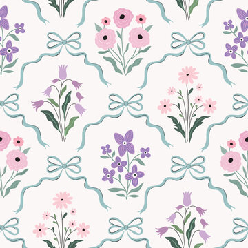 Vintage seamless pattern with spring floral bouquets and coquette ribbons, elegant wallpaper, trendy background