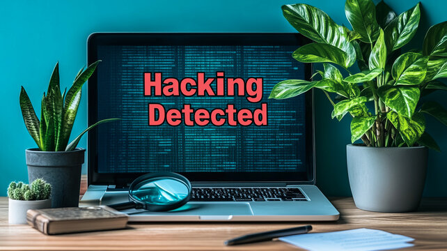 Hacking Detected: A laptop screen displaying a message "Hacking Detected" in red against a blue background of code, magnifying glass.