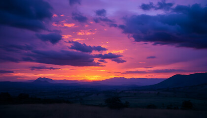 Beautiful sunset over mountains and hills of pastures and farms in Kisoro, Uganda, with a colorful sky and incredible landscape