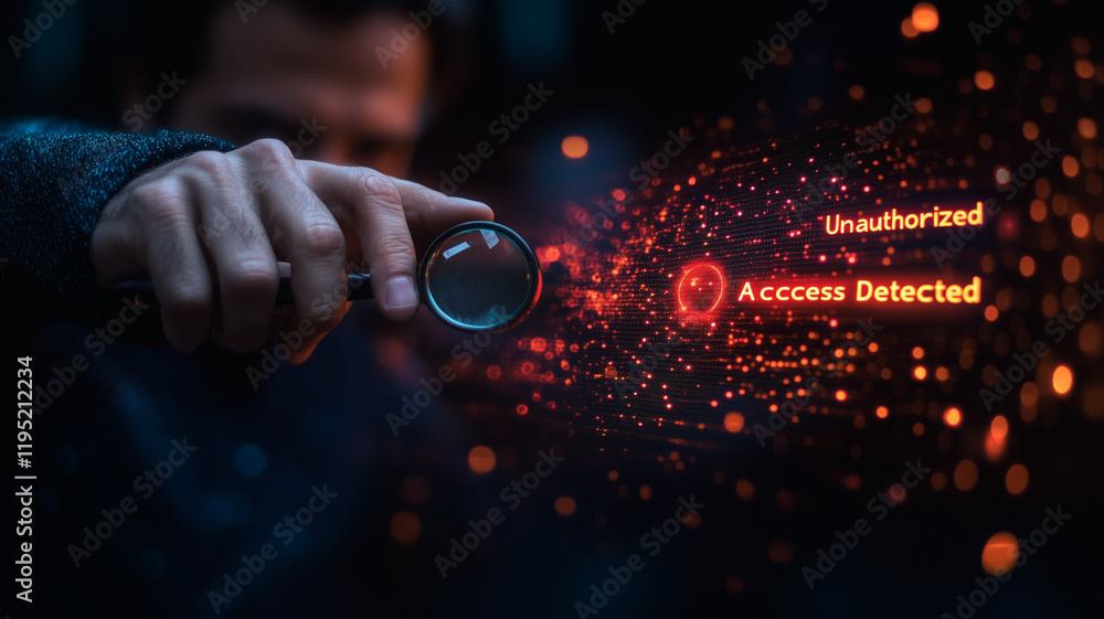Poster cybersecurity investigation: a hand holding a magnifying glass focuses on a digital particle effect 