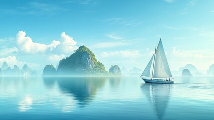 A serene landscape featuring a sailboat gliding across calm waters with distant islands.