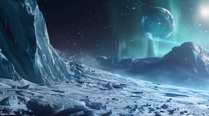 A stunning sci-fi landscape featuring icy terrain and a distant planet under a starry sky.