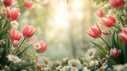 Obraz premium Colorful tulips and daisies bloom in a serene garden during springtime morning light
