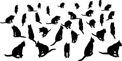 A collection of black cat silhouettes in various poses, featuring sitting, standing, and playful stances, perfect for design, decoration, and creative projects.