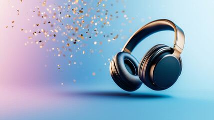 Naklejka premium Wireless headphones float amidst gold confetti on a pastel background.