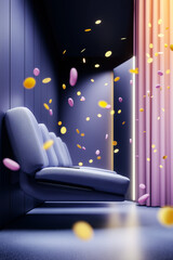 Empty theater seats with confetti falling. A magical cinematic experience.