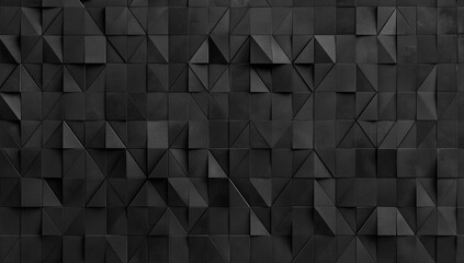 A seamless texture of dark gray and black square and triangle tiles creates a complex geometric pattern. The 3D effect adds depth and visual interest to this monochromatic design.