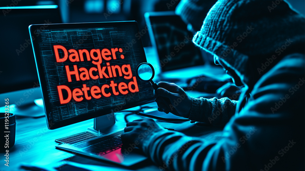 Poster cybersecurity threat: hacker alert: a hooded figure hunches over a computer screen displaying a star