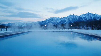 Obraz premium Mountaintop Serenity: A tranquil outdoor pool nestled against a backdrop of majestic snow-capped mountains, exuding an atmosphere of serenity and rejuvenation.