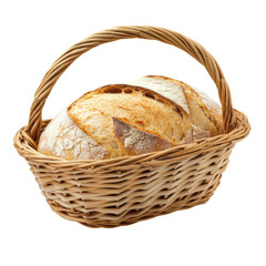 Freshly Baked Rustic Bread in a Woven Basket on white background
