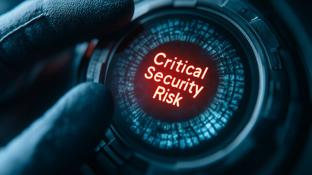 Critical Security Risk: A gloved hand hovers over a futuristic device displaying a critical security risk warning in stark red.  The image evokes a sense of urgency and impending danger.