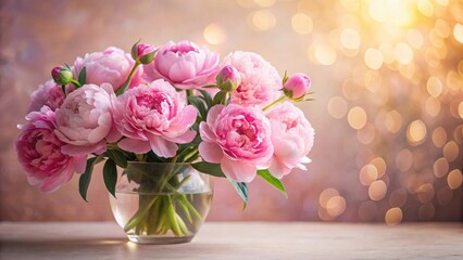 Beautiful pink peony flowers in a elegant vase with soft focus and warm lighting