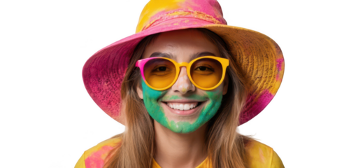 A happy face with vibrant Holi powder smeared across the face, wearing quirky cat-eye sunglasses and a brightly colored sunhat, isolated on a white transparent background PNG