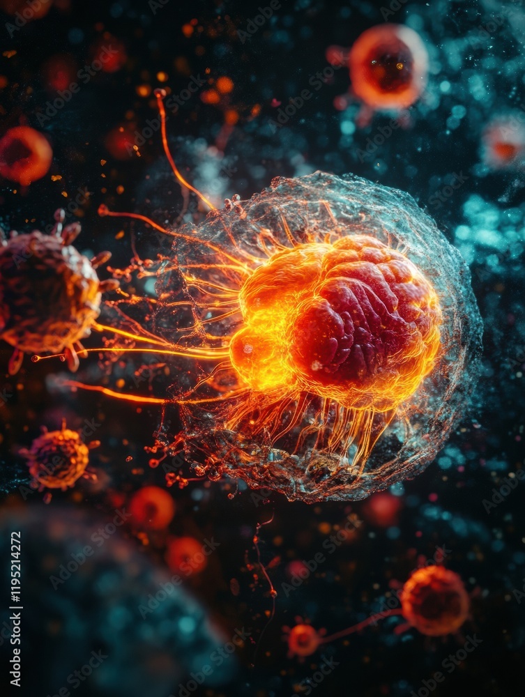 Aufkleber magnified view of human cell under attack by virus highlighting cellular structure and viral invasio