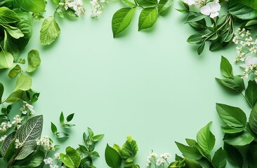 Naklejka premium Natural arrangement of green leaves and flowers on a soft green background for creative projects