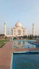 Naklejka premium Agra, India, 25 November 2024: Early morning view of the Taj Mahal, one of the seven Wonder of the World in Agra, India