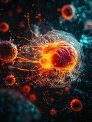 Magnified view of human cell under attack by virus highlighting cellular structure and viral invasion. Generative AI