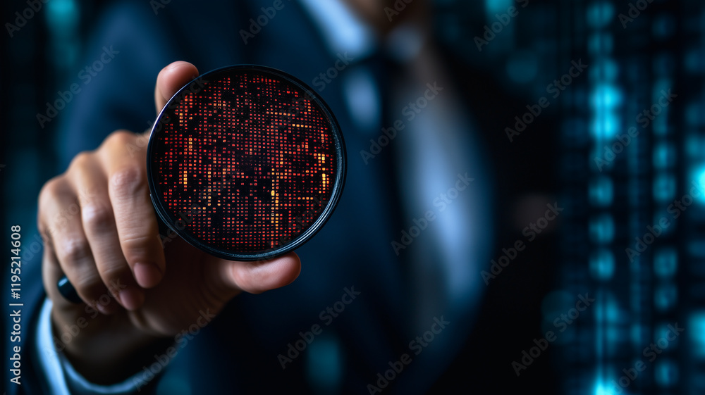 Poster cybersecurity expert holds a chip: a businessman in a suit, standing before a digital background, ho