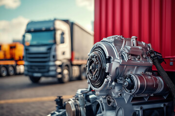 Closeup of a gleaming red semitrucks chrome details, powerful engine visible. Other red trucks are blurred in the background.