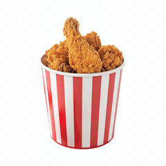 abstract 3d Fried chicken in big red white stripes bucket box isolated on white background