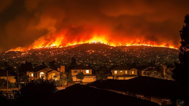 Wildfire threatening homes, highlighting urgent need for evacuation plans.