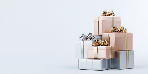 Stack of Presents: Elegant silver and blush pink gift boxes with gold and silver ribbons, artfully stacked, creating a visually appealing composition perfect for holiday or celebration themes. 