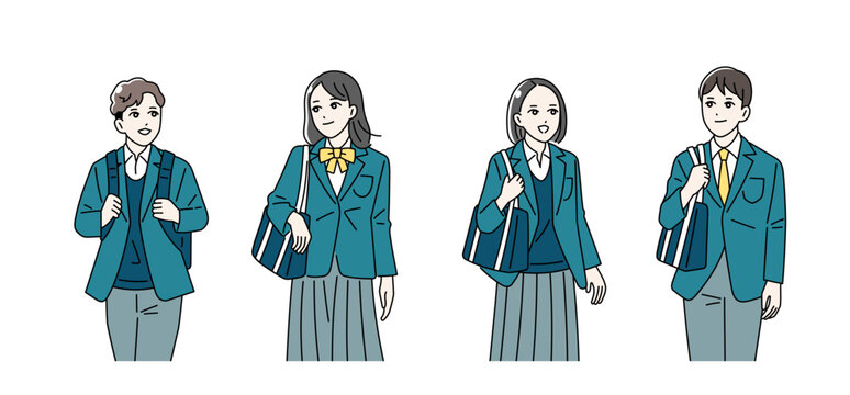 登下校をする鞄を持っている男女の学生のイラスト