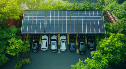 Aerial view of a parking lot featuring solar panels atop carports, providing shade and renewable energy for electric vehicles parked underneath. Sunlight illuminates the scene.